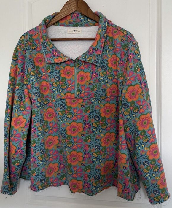 NATURAL LIFE Tops - Natural Life Womens Pullover S/M Blue Floral Quarter Zip Oversized Boho Hippie